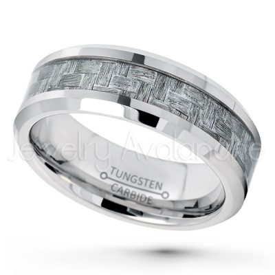 8mm Polished Comfort Fit Beveled Edge Tungsten Carbide Ring w/ Charcoal Gray Carbon Fiber Inlay - Men's Tungsten Wedding Ring TN375PL