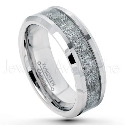 8mm Polished Comfort Fit Beveled Edge Tungsten Carbide Ring w/ Charcoal Gray Carbon Fiber Inlay - Men's Tungsten Wedding Ring TN375PL