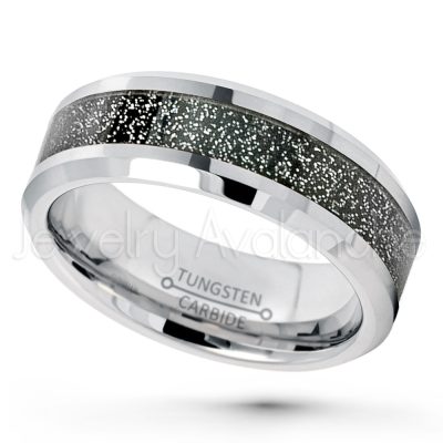 2-tone Tungsten Wedding Band - 8mm Matte & Polished Comfort Fit Beveled Edge Tungsten Carbide Ring w/ Black Sandstone Carbon Fiber Inlay TN380PL