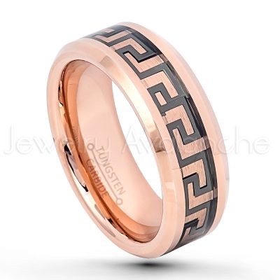 2-tone Tungsten Carbide Ring - 8mm Polished Finish Rose Gold Plated Comfort Fit Tungsten Wedding Band with Black Greek Key Inlay TN657PL
