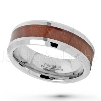 8mm Polished Comfort Fit Tungsten Carbide Ring with Hawaiian Koa Wood Inlay - Beveled Edge Wedding Ring - 2-tone Tungsten Ring TN662PL