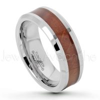 8mm Polished Comfort Fit Tungsten Carbide Ring with Hawaiian Koa Wood Inlay - Beveled Edge Wedding Ring - 2-tone Tungsten Ring TN662PL