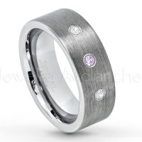 0.21ctw Amethyst & Diamond 3-Stone Tungsten Ring - February Birthstone Ring - 8mm Tungsten Carbide Ring - Brushed Finish Comfort Fit Classic Pipe Cut Tungsten Tungsten Wedding Band TN669-AMT