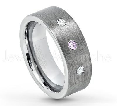 0.21ctw Amethyst 3-Stone Tungsten Ring - February Birthstone Ring - 8mm Tungsten Carbide Ring - Brushed Finish Comfort Fit Classic Pipe Cut Tungsten Tungsten Wedding Band TN669-AMT