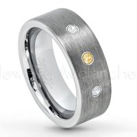 0.21ctw Citrine & Diamond 3-Stone Tungsten Ring - November Birthstone Ring - 8mm Tungsten Carbide Ring - Brushed Finish Comfort Fit Classic Pipe Cut Tungsten Tungsten Wedding Band TN669-CN
