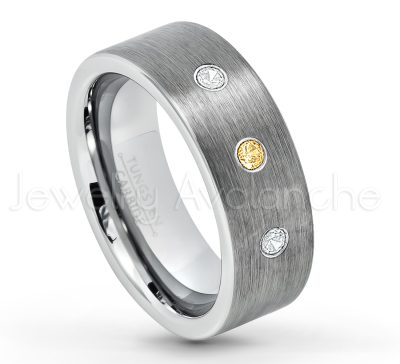 0.07ctw Citrine Tungsten Ring - November Birthstone Ring - 8mm Tungsten Carbide Ring - Brushed Finish Comfort Fit Classic Pipe Cut Tungsten Tungsten Wedding Band TN669-CN