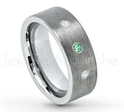 0.21ctw Emerald 3-Stone Tungsten Ring - May Birthstone Ring - 8mm Tungsten Carbide Ring - Brushed Finish Comfort Fit Classic Pipe Cut Tungsten Tungsten Wedding Band TN669-ED