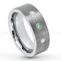 0.21ctw Emerald & Diamond 3-Stone Tungsten Ring - May Birthstone Ring - 8mm Tungsten Carbide Ring - Brushed Finish Comfort Fit Classic Pipe Cut Tungsten Tungsten Wedding Band TN669-ED