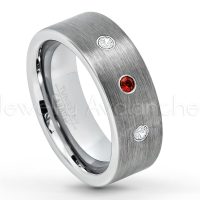 0.21ctw Garnet & Diamond 3-Stone Tungsten Ring - January Birthstone Ring - 8mm Tungsten Carbide Ring - Brushed Finish Comfort Fit Classic Pipe Cut Tungsten Tungsten Wedding Band TN669-GR