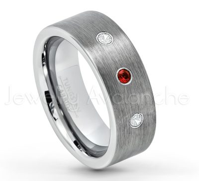 0.07ctw Garnet Tungsten Ring - January Birthstone Ring - 8mm Tungsten Carbide Ring - Brushed Finish Comfort Fit Classic Pipe Cut Tungsten Tungsten Wedding Band TN669-GR