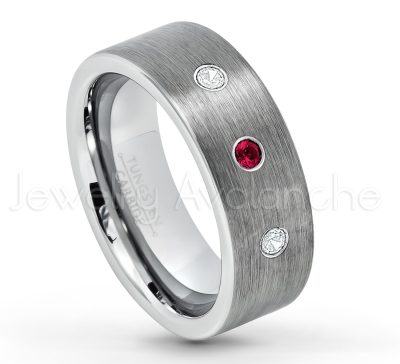 0.07ctw Ruby Tungsten Ring - July Birthstone Ring - 8mm Tungsten Carbide Ring - Brushed Finish Comfort Fit Classic Pipe Cut Tungsten Tungsten Wedding Band TN669-RB