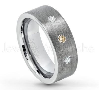 0.21ctw Smokey Quartz 3-Stone Tungsten Ring - November Birthstone Ring - 8mm Tungsten Carbide Ring - Brushed Finish Comfort Fit Classic Pipe Cut Tungsten Tungsten Wedding Band TN669-SMQ