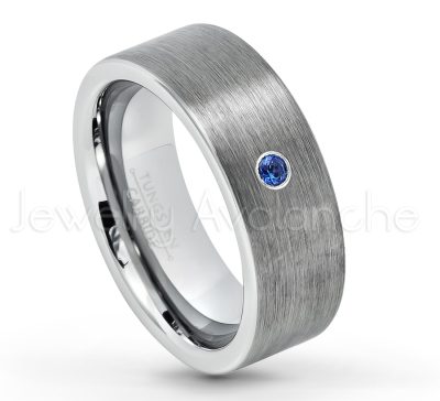 0.21ctw Blue Sapphire 3-Stone Tungsten Ring - September Birthstone Ring - 8mm Tungsten Carbide Ring - Brushed Finish Comfort Fit Classic Pipe Cut Tungsten Tungsten Wedding Band TN669-SP