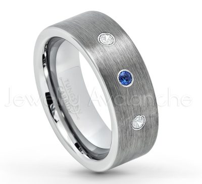0.07ctw Blue Sapphire Tungsten Ring - September Birthstone Ring - 8mm Tungsten Carbide Ring - Brushed Finish Comfort Fit Classic Pipe Cut Tungsten Tungsten Wedding Band TN669-SP