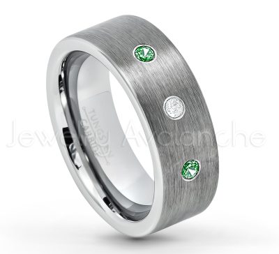 0.07ctw Emerald Tungsten Ring - May Birthstone Ring - 8mm Tungsten Carbide Ring - Brushed Finish Comfort Fit Classic Pipe Cut Tungsten Tungsten Wedding Band TN669-ED