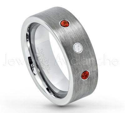 0.21ctw Garnet & Diamond 3-Stone Tungsten Ring - January Birthstone Ring - 8mm Tungsten Carbide Ring - Brushed Finish Comfort Fit Classic Pipe Cut Tungsten Tungsten Wedding Band TN669-GR