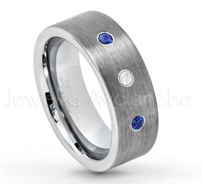0.21ctw Blue Sapphire & Diamond 3-Stone Tungsten Ring - September Birthstone Ring - 8mm Tungsten Carbide Ring - Brushed Finish Comfort Fit Classic Pipe Cut Tungsten Tungsten Wedding Band TN669-SP