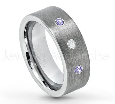 0.07ctw Tanzanite Tungsten Ring - December Birthstone Ring - 8mm Tungsten Carbide Ring - Brushed Finish Comfort Fit Classic Pipe Cut Tungsten Tungsten Wedding Band TN669-TZN