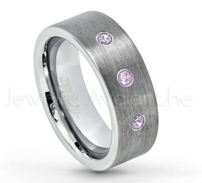 0.21ctw Amethyst & Diamond 3-Stone Tungsten Ring - February Birthstone Ring - 8mm Tungsten Carbide Ring - Brushed Finish Comfort Fit Classic Pipe Cut Tungsten Tungsten Wedding Band TN669-AMT