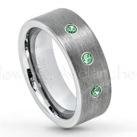 0.21ctw Emerald 3-Stone Tungsten Ring - May Birthstone Ring - 8mm Tungsten Carbide Ring - Brushed Finish Comfort Fit Classic Pipe Cut Tungsten Tungsten Wedding Band TN669-ED