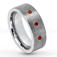 0.21ctw Garnet 3-Stone Tungsten Ring - January Birthstone Ring - 8mm Tungsten Carbide Ring - Brushed Finish Comfort Fit Classic Pipe Cut Tungsten Tungsten Wedding Band TN669-GR