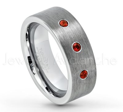 0.21ctw Garnet 3-Stone Tungsten Ring - January Birthstone Ring - 8mm Tungsten Carbide Ring - Brushed Finish Comfort Fit Classic Pipe Cut Tungsten Tungsten Wedding Band TN669-GR