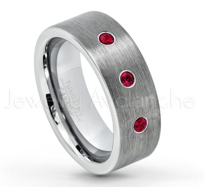 0.07ctw Ruby Tungsten Ring - July Birthstone Ring - 8mm Tungsten Carbide Ring - Brushed Finish Comfort Fit Classic Pipe Cut Tungsten Tungsten Wedding Band TN669-RB
