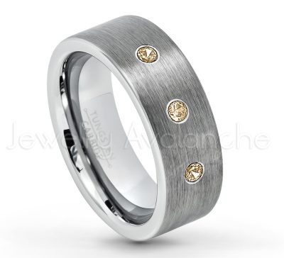 0.07ctw Smokey Quartz Tungsten Ring - November Birthstone Ring - 8mm Tungsten Carbide Ring - Brushed Finish Comfort Fit Classic Pipe Cut Tungsten Tungsten Wedding Band TN669-SMQ