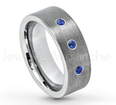 0.21ctw Blue Sapphire & Diamond 3-Stone Tungsten Ring - September Birthstone Ring - 8mm Tungsten Carbide Ring - Brushed Finish Comfort Fit Classic Pipe Cut Tungsten Tungsten Wedding Band TN669-SP