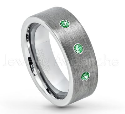 0.21ctw Tsavorite & Diamond 3-Stone Tungsten Ring - January Birthstone Ring - 8mm Tungsten Carbide Ring - Brushed Finish Comfort Fit Classic Pipe Cut Tungsten Tungsten Wedding Band TN669-TVR