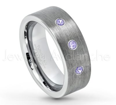 0.21ctw Tanzanite 3-Stone Tungsten Ring - December Birthstone Ring - 8mm Tungsten Carbide Ring - Brushed Finish Comfort Fit Classic Pipe Cut Tungsten Tungsten Wedding Band TN669-TZN