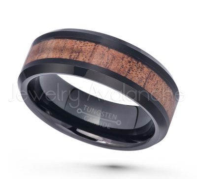 8mm Black Ion Plated Comfort Fit Tungsten Carbide Ring with Hawaiian Koa Wood Inlay - Beveled Edge Wedding Ring - 2-tone Tungsten Ring TN698PL