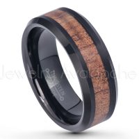 8mm Black Ion Plated Comfort Fit Tungsten Carbide Ring with Hawaiian Koa Wood Inlay - Beveled Edge Wedding Ring - 2-tone Tungsten Ring TN698PL