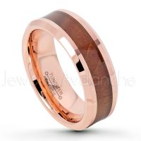 8mm Rose Gold Plated Comfort Fit Tungsten Carbide Ring with Hawaiian Koa Wood Inlay - Beveled Edge Wedding Ring - 2-tone Tungsten Ring TN739PL