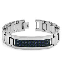 8.5" Men's Tungsten Bracelet,Polished Tungsten Carbide Bracelet with Blue & Black Carbon Fiber Inlay, Men's ID Bracelet TNB192