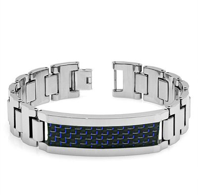 8.5" Men's Tungsten Bracelet,Polished Tungsten Carbide Bracelet with Blue & Black Carbon Fiber Inlay, Men's ID Bracelet TNB192