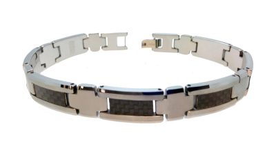 8.5" Men's Tungsten Bracelet, Polished-Brushed Tungsten Carbide Bracelet with Black Carbon Fiber Inlay, 2-tone Tungsten Bracelet TNB254