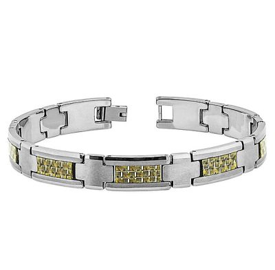 9" Men's Tungsten Bracelet, High Polished & Brushed Tungsten Carbide with Golden Carbon Fiber Inlay, Gifts for Him TNB223