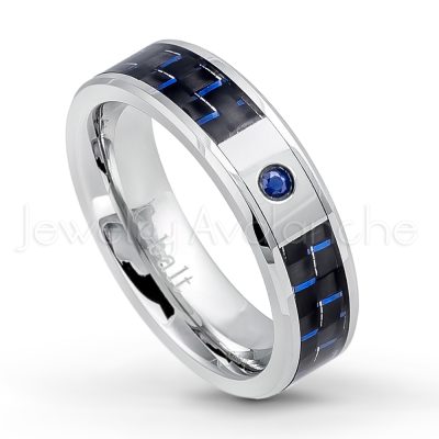 0.07ct Blue Sapphire Solitaire Band, 6mm Polished Finish Comfort Fit Beveled Edge Cobalt Chrome Wedding Band w/ Carbon Fiber Inlay CT338-1SP