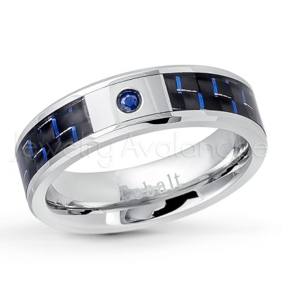 0.07ct Blue Sapphire Solitaire Band, 6mm Polished Finish Comfort Fit Beveled Edge Cobalt Chrome Wedding Band w/ Carbon Fiber Inlay CT338-1SP
