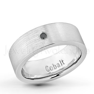 0.07ct Black Diamond Solitaire Ring, 8mm Men's Cobalt Wedding Band, Brushed Finish Pipe Cut Comfort Fit Cobalt Chrome Wedding Ring CT382-1BD