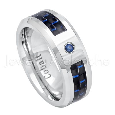 0.07ct Blue Sapphire Solitaire Band, 8mm Polished Finish Comfort Fit Beveled Edge Cobalt Chrome Wedding Band w/ Carbon Fiber Inlay CT396-1SP