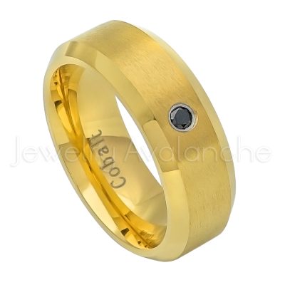 0.07ct Black Diamond Solitaire Ring, 8mm Brushed Finish Yellow Gold Plated Comfort Fit Beveled Edge Cobalt Chrome Wedding Band CT438-1BD