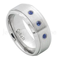 0.21ctw Blue Sapphire 3-stone Ring, 9mm Brushed Finish Comfort Fit Cobalt Chrome Wedding Band, Men's Anniversary Ring, Birthstone Ring CT443-3SP
