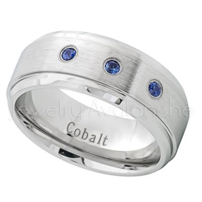 0.21ctw Blue Sapphire 3-stone Ring, 9mm Brushed Finish Comfort Fit Cobalt Chrome Wedding Band, Men's Anniversary Ring, Birthstone Ring CT443-3SP