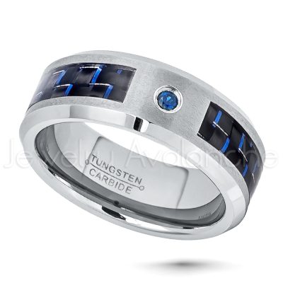 0.07ct Blue Sapphire Solitaire Ring, Matte Comfort Fit Tungsten Carbide Wedding Band w/ Carbon Fiber Inlay, Men's Anniversary Ring TN198-1SP