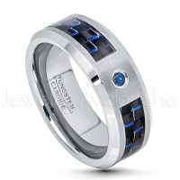 0.07ct Blue Sapphire Solitaire Ring, Matte Comfort Fit Tungsten Carbide Wedding Band w/ Carbon Fiber Inlay, Men's Anniversary Ring TN198-1SP