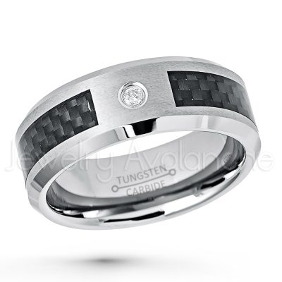 0.07ct Diamond Solitaire Ring, 8mm Matte Comfort Fit Tungsten Carbide Wedding Band w/ Black Carbon Fiber Inlay, Anniversary Ring TN224-1WD
