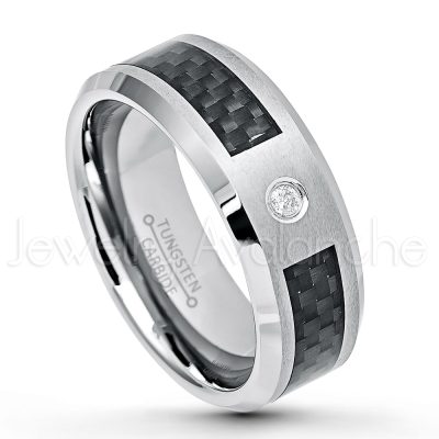 0.07ct Diamond Solitaire Ring, 8mm Matte Comfort Fit Tungsten Carbide Wedding Band w/ Black Carbon Fiber Inlay, Anniversary Ring TN224-1WD