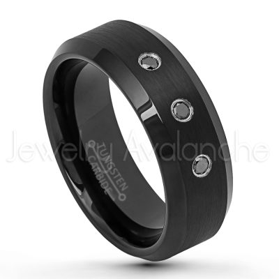 0.21ctw Black Diamond 3-Stone Ring, Brushed Black Ion Plated Comfort Fit Tungsten Carbide Wedding Band, Tungsten Anniversary Ring TN631-3BD